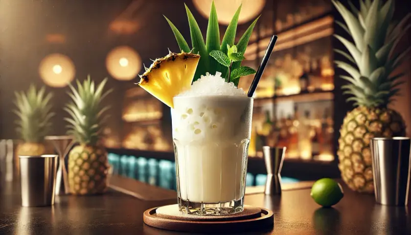 Orzeźwiający drink coco loco z ananasem i miętą, podany w szklance z lodem, na tle barze z ananasami.