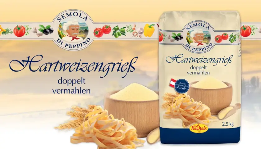 Hartweizengrieß von Semola di Peppino mit Nudeln und Getreideähren.