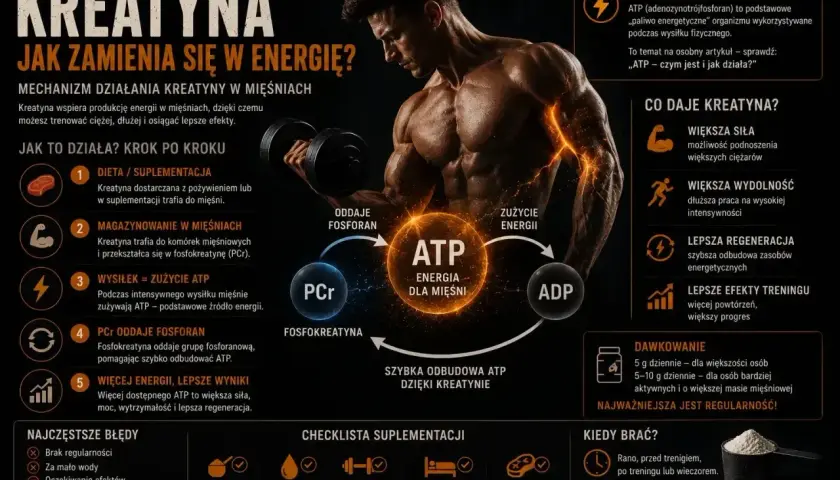 Kreatyna co daje? Większa siła, wydolność i lepsza regeneracja. Pomaga szybciej odbudować ATP, co przekłada się na lepsze efekty treningu.