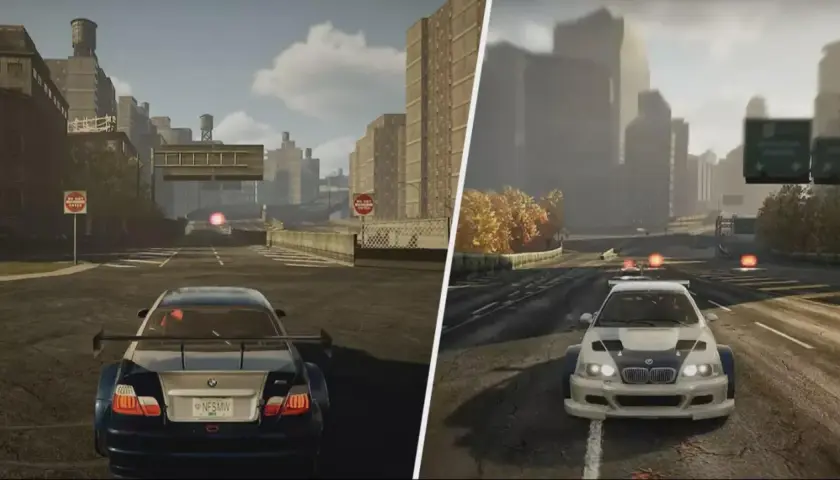 Dwa ujęcia z gry NFS Most Wanted Remake: z lewej BMW M3 z tyłu, z prawej z przodu. Miasto, drogi, pościg.