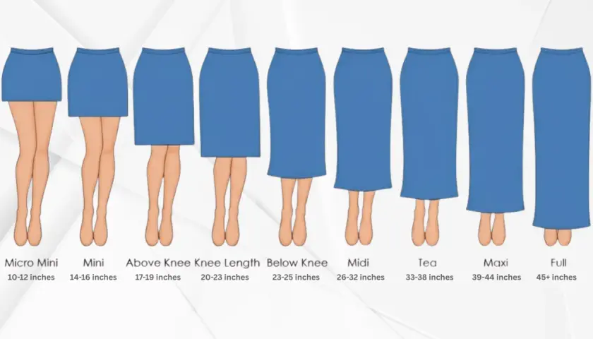 Illustration showing various skirt hem types, from micro mini to full length, with corresponding measurements.