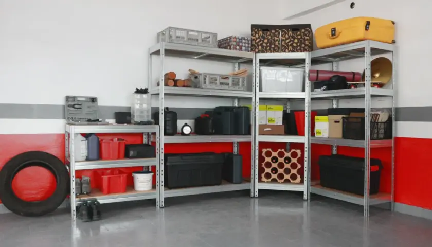 Coole Garagen Ideen: Werkzeug, Kisten, Reifen und mehr ordentlich verstaut in Metallregalen.