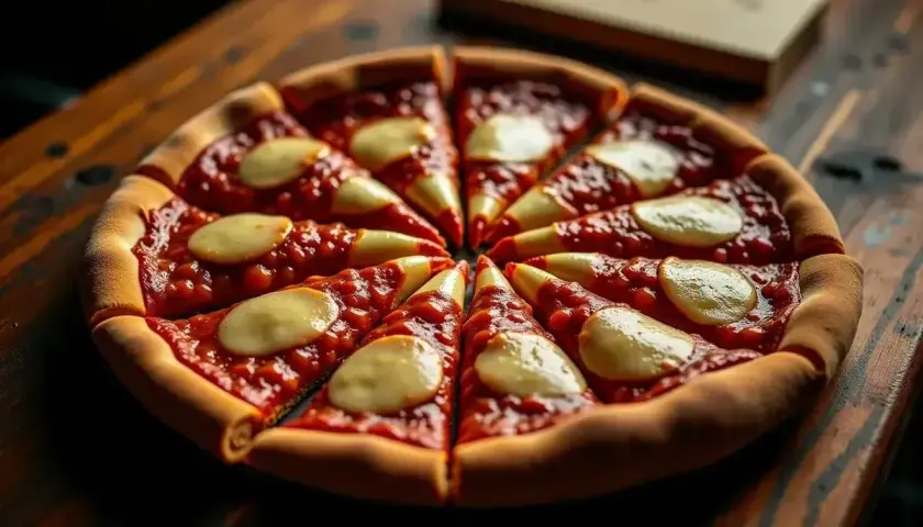 Apetyczna pizza Hut średnia, pokrojona na kawałki, z sosem pomidorowym i serem. Idealna na wspólne spotkanie.