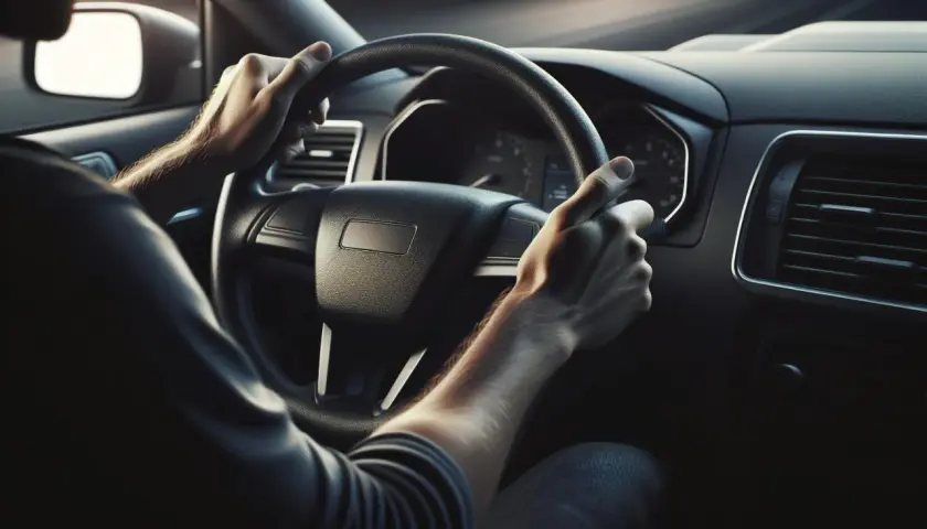 Mani sul volante, il conducente si chiede quanto tempo ho per fare la revisione prima di partire per il lungo viaggio.