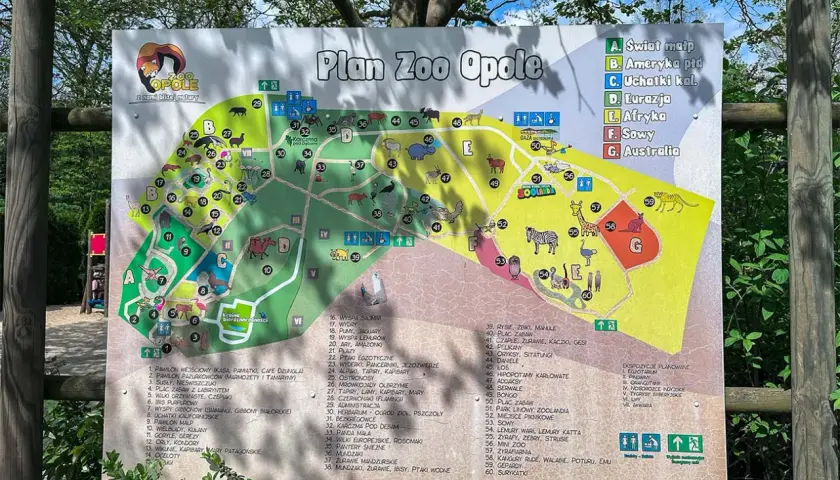 Plan Zoo Opole z zaznaczonymi strefami: Afryka, Australia, Eurazja. Idealne miejsce na rodzinne wycieczki, świetne zoo Opole opinie.