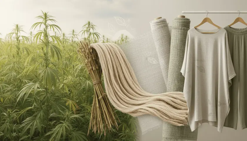Champ de chanvre, bottes de paille, rouleaux de tissu et vêtements en fibre de chanvre, montrant le cycle de la matière première au produit fini.