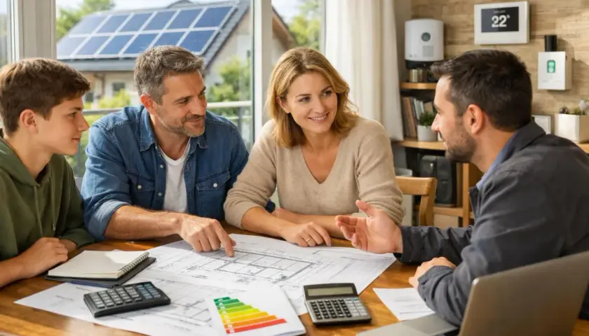 Une famille discute d'un projet de rénovation avec un conseiller. Ils examinent des plans et des calculs, visant un **prêt vert** pour des travaux écologiques.