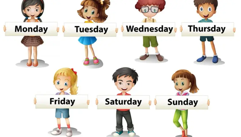 Bambini sorridenti mostrano cartelli con i giorni della settimana in inglese: Monday, Tuesday, Wednesday, Thursday, Friday, Saturday, Sunday.