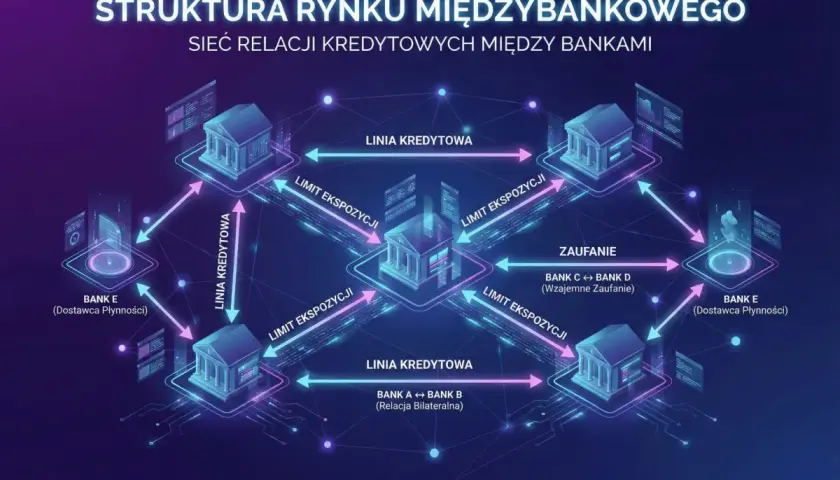 Schemat struktury rynku międzybankowego, pokazujący relacje kredytowe, limity ekspozycji i zaufanie między bankami.