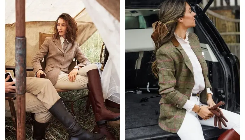 Deux femmes élégantes montrent comment porter des bottes cavalières avec des blazers en tweed et des pantalons clairs, un look chic et intemporel.