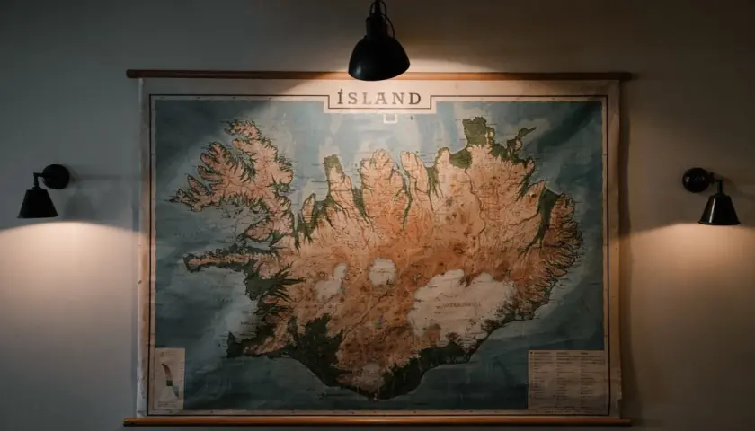 Mapa Islandii, marzenie o emeryturze po ilu latach? Podświetlona lampami, zachęca do planowania podróży.