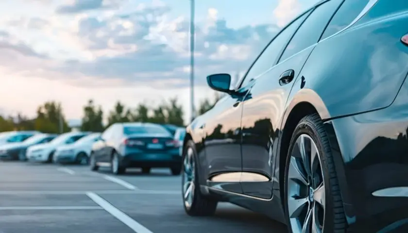 Czarne auto na parkingu, w tle rzędy innych pojazdów. Szukasz aut z Norwegii? Strony z ofertami mogą pomóc.