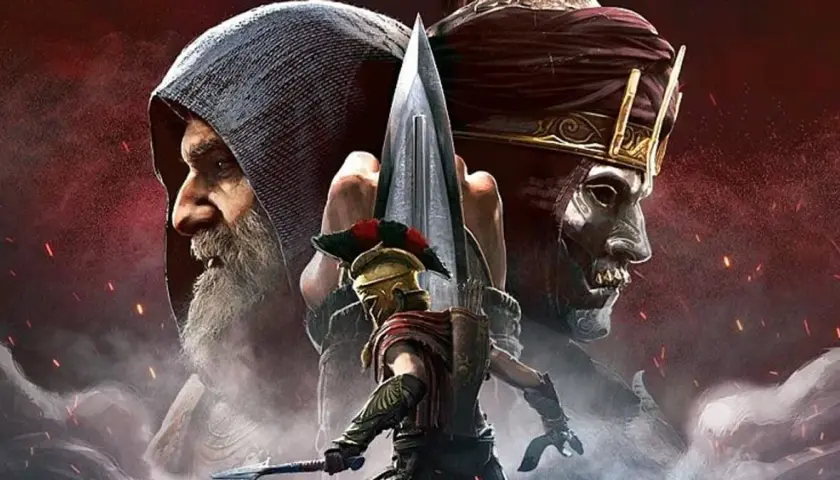 Postać z hełmem i włócznią na tle dwóch twarzy: starszego mężczyzny w kapturze i złowrogiej postaci w masce. To Assassin's Creed Odyssey Dziedzictwo Pierwszego Ostrza.