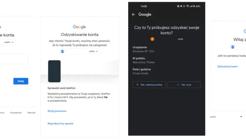 Proces odzyskiwania konta Google: wpisywanie hasła, weryfikacja na telefonie i potwierdzenie tożsamości.