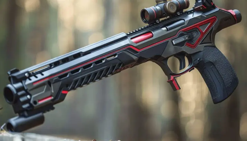 Fusil semi-automatique de marque turque, au design futuriste avec des accents rouges et une lunette de visée.