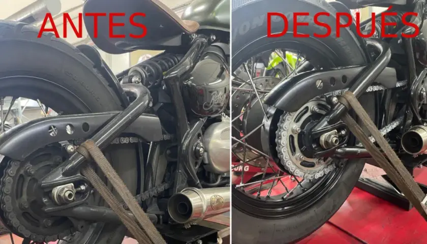 Comparativa de cómo limpiar la cadena de la moto. Antes, sucia y desgastada; después, reluciente y lista para rodar.