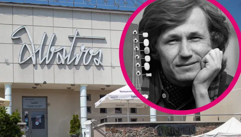Portret mężczyzny z gitarą na tle napisu "Albatros". Może to wspomnienie o siedmiu dziewczętach z Albatrosa?