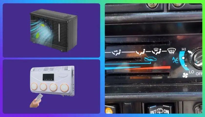 Un climatizador evaporativo que es: dos unidades de aire acondicionado, una negra y otra blanca, junto a un panel de control de clima de coche.