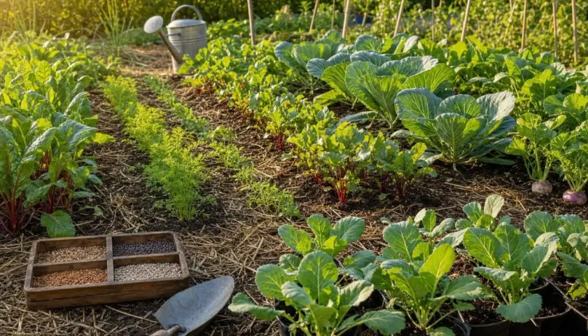 Un potager florissant en juillet, idéal pour savoir que planter. On y voit des semis de carottes, des betteraves, des choux et des navets.