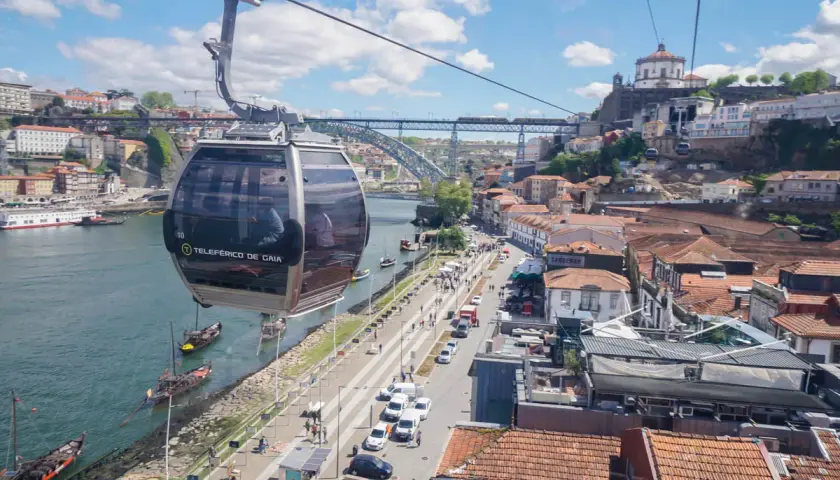 Teleférico de Gaia sobre el río Duero, con vistas a Oporto y sus tejados. Un viaje **oprto** para disfrutar del paisaje.