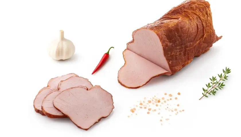 Pokrojona polędwica sopocka, czosnek, papryczka chili i gałązka ziół na białym tle.