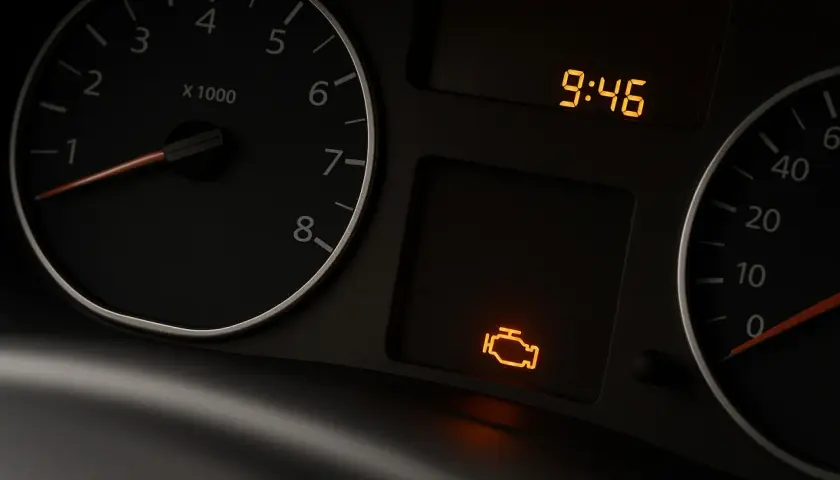 Cruscotto con spia motore accesa ma nessun problema. L'ora è 9:46.
