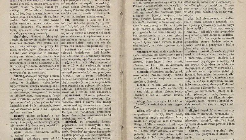 Strona z Słownika Brücknera, z hasłami od "abentajer" do "almarja".