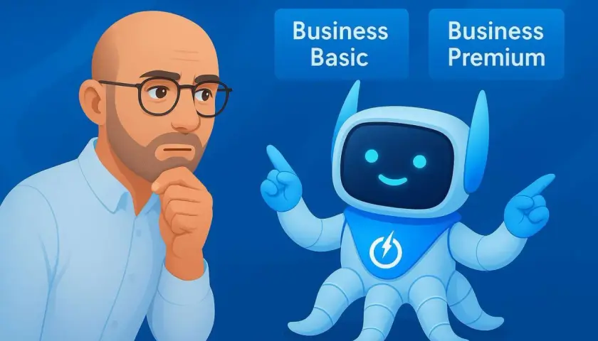 Un homme réfléchit, un robot amical pointe vers "Business Premium" et "Business Basic", suggérant des options pour Office 365.