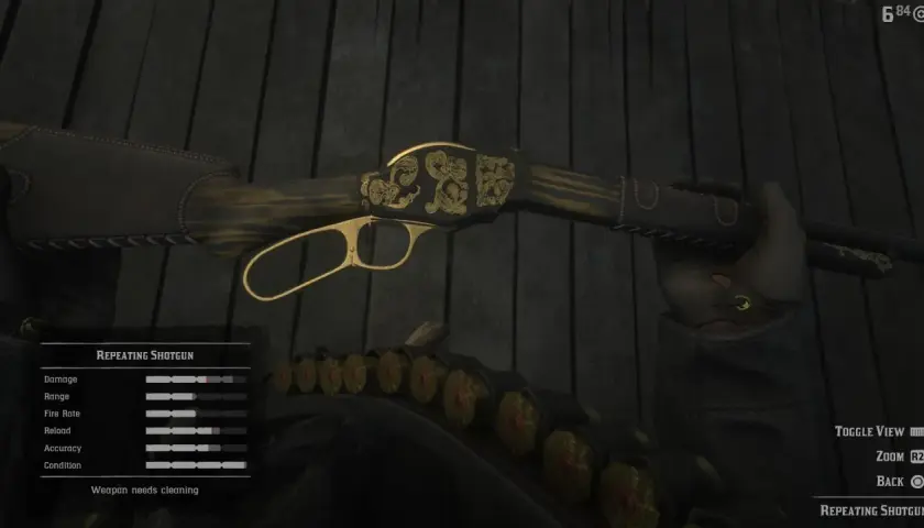 Elegancki powtarzalny strzelba z ozdobnymi złotymi zdobieniami, jedna z najlepszych broni w Red Dead Redemption 2.