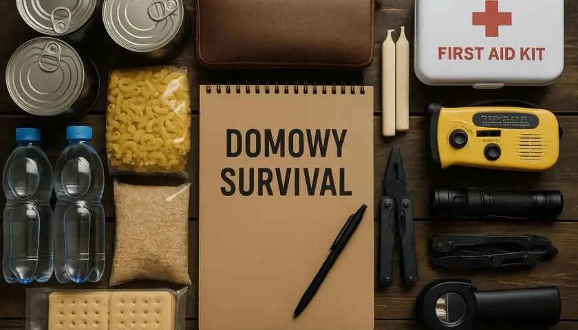 Zestaw do domowego survivalu: konserwy, makaron, ryż, woda, ciastka, apteczka, radio, latarka, narzędzia i świece.