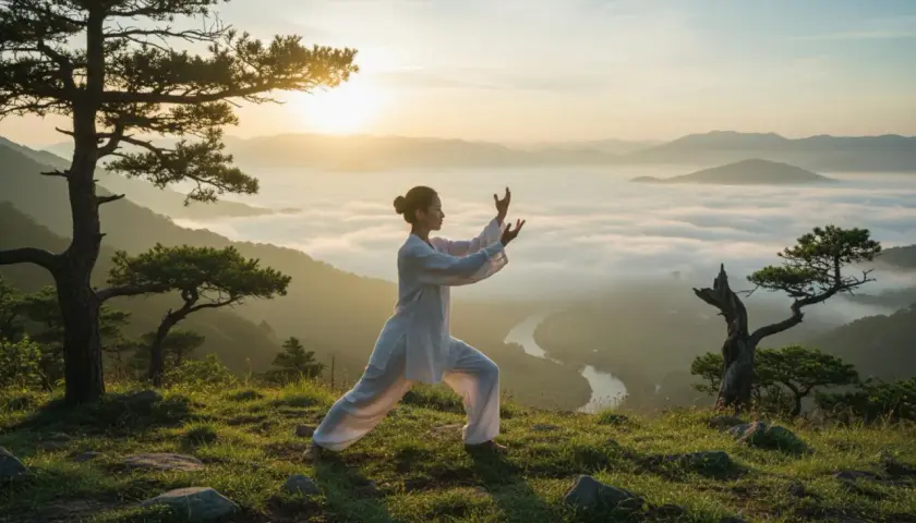 Kobieta ćwiczy qigong co to jest, na tle mglistej doliny i gór o wschodzie słońca.