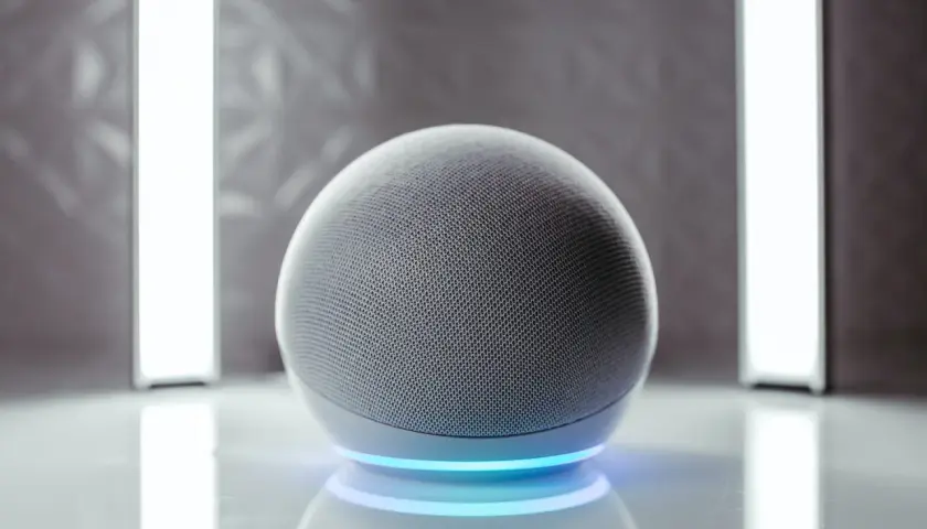 Altavoz inteligente con luz azul, listo para alexa configurar.