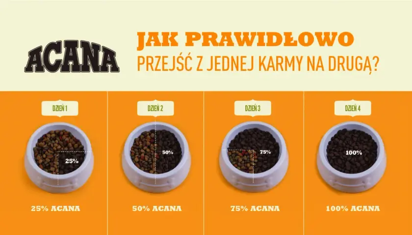 Grafika pokazuje, jak prawidłowo przejść z jednej karmy na drugą. Cztery miski z karmą dla psa, pokazujące stopniowe wprowadzanie karmy ACANA przez 4 dni.