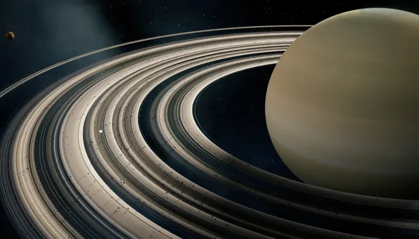Majestatyczne pierścienie planet otaczają gazowego giganta. W oddali widać mały księżyc.