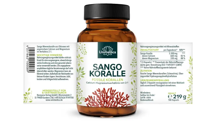 Sango Koralle Kapseln mit Calcium & Magnesium. Die Sango Koralle Wirkung wird durch das natürliche Verhältnis von 2:1 unterstützt. 180 Kapseln.