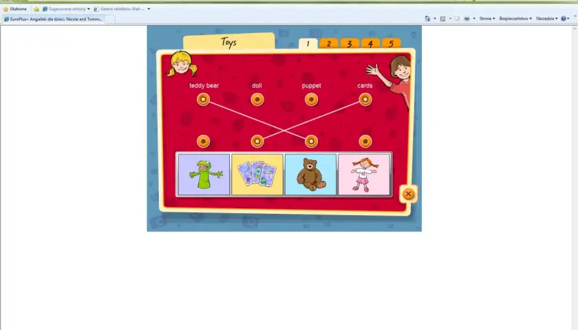 Gra edukacyjna "Toys" z Nicole i Tommym. Dopasuj obrazki z zabawkami: żaba, karty, miś, lalka.