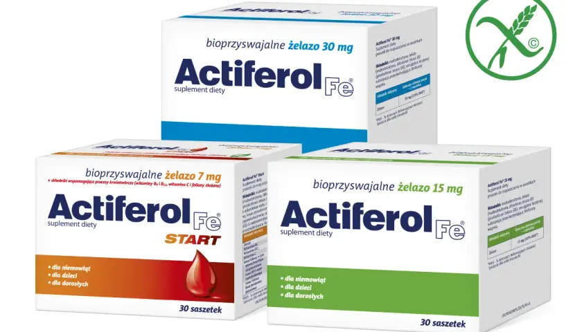 Actiferol Fe - suplementy diety z żelazem w saszetkach. Dostępne w wersjach 7 mg, 15 mg i 30 mg, dla niemowląt, dzieci i dorosłych.