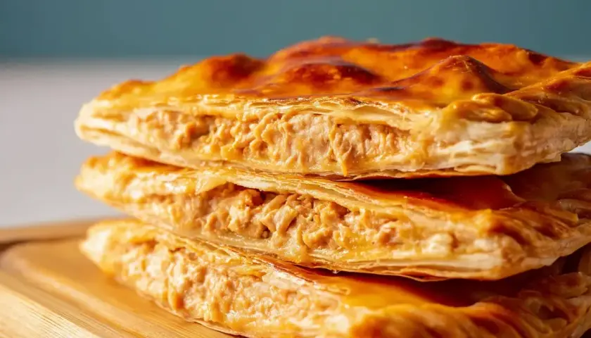 Empanada de atún dorada y crujiente, apilada en un plato de madera. El relleno de atún se ve jugoso y sabroso.