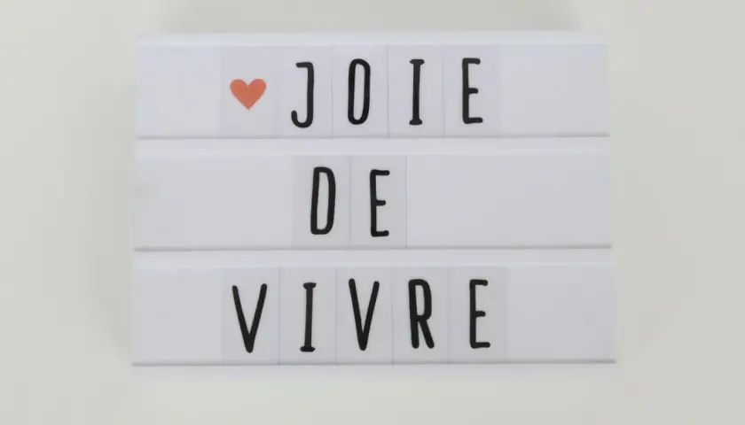 Biała tablica świetlna z napisem "JOIE DE VIVRE" i pomarańczowym serduszkiem.