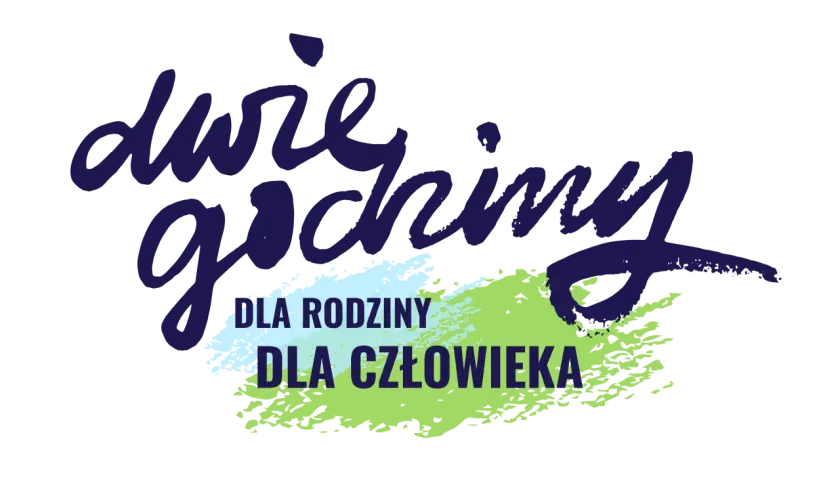 Dwie godziny dla rodziny i dla człowieka. Tę cenną chwilę podkreślają pociągnięcia pędzla w kolorach granatu, błękitu i zieleni.