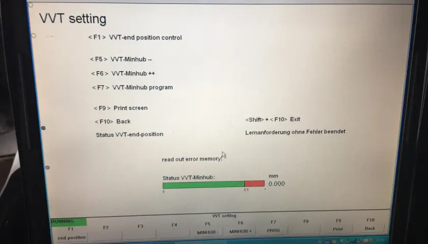 Ekran diagnostyczny BMW: VVT setting. Pokazuje opcje jak ustawic Valvetronic, kontrolę pozycji, minhub, program, wydruk ekranu, powrót i wyjście.