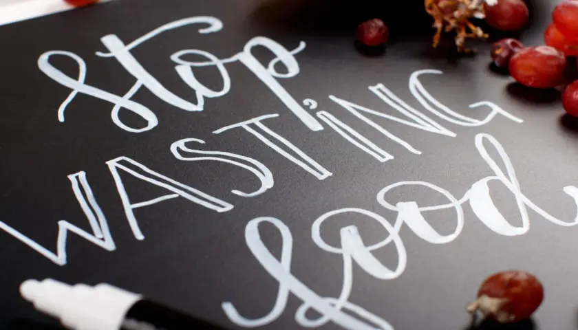 Mensaje "Stop Wasting Food" escrito con diferentes tipos de lettering en una pizarra negra, rodeado de uvas.