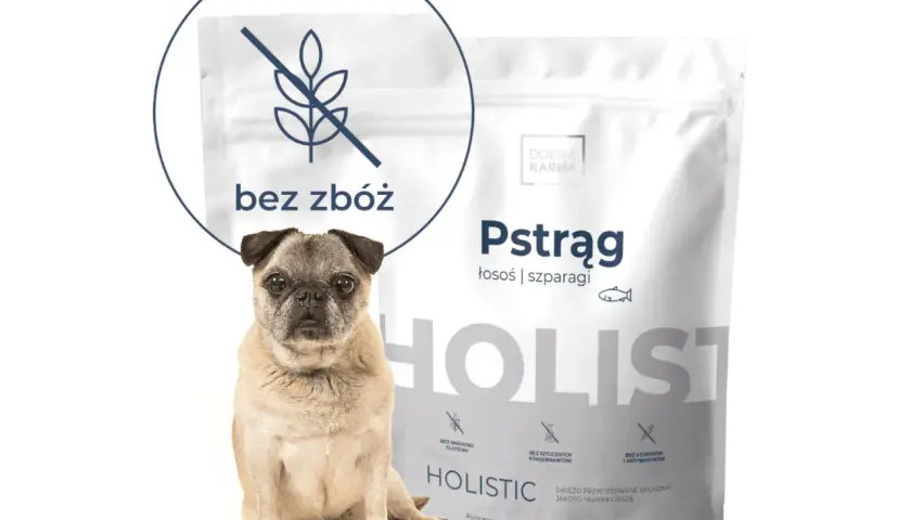 Uroczy mops obok opakowania niskotłuszczowej karmy dla psa "Dobra Karma" Pstrąg z łososiem i szparagami, bez zbóż.