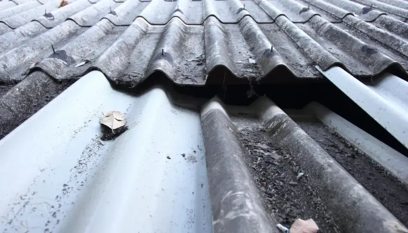Altes, wellenförmiges Dach mit sichtbaren Schäden und Laub. Ein undichtes Dach reparieren: Kosten prüfen.