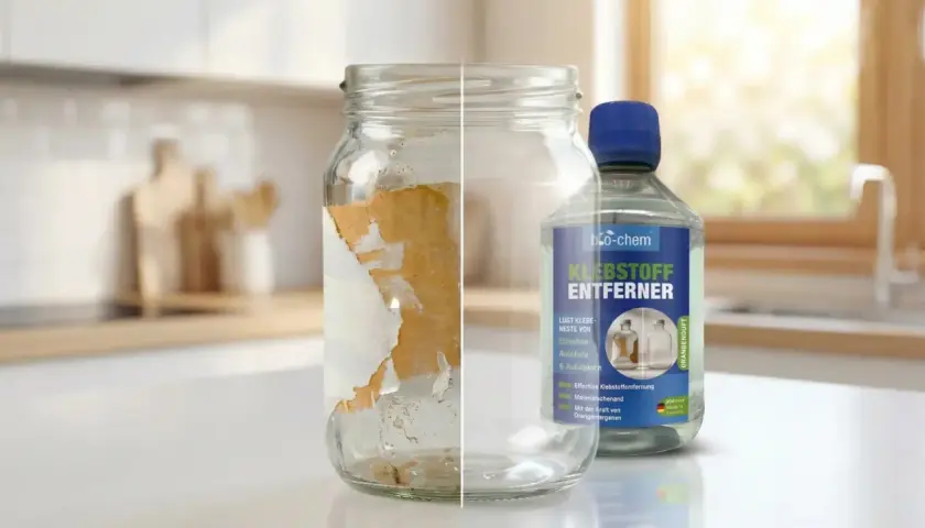 Glas mit hartnäckigen kleberesten wird durch Klebstoffentferner im Handumdrehen sauber.