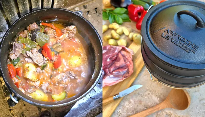 Un chaudron mijote sur un feu de bois, ses ingrédients savoureux promettant une délicieuse recette. À côté, les légumes frais et la viande attendent leur tour.