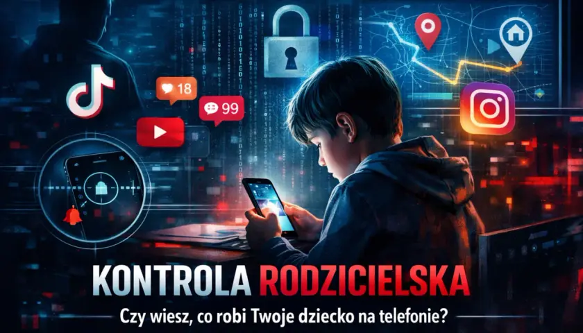 Chłopiec pochłonięty telefonem, otoczony ikonami mediów społecznościowych. Grafika symbolizuje kontrolę rodzicielską na telefonie i bezpieczeństwo dzieci w sieci.