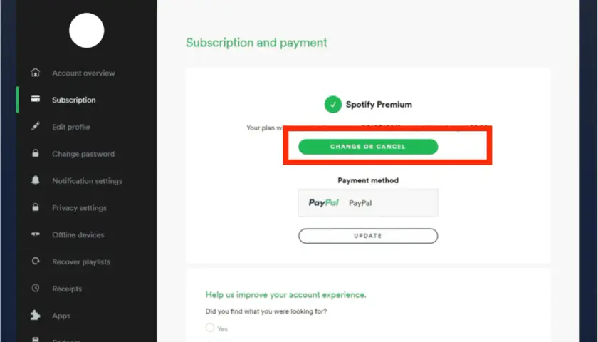 Ekran Spotify z opcją "Zmień lub anuluj" dla Spotify Premium. Kliknij, aby dowiedzieć się, jak zrezygnować ze Spotify Premium.