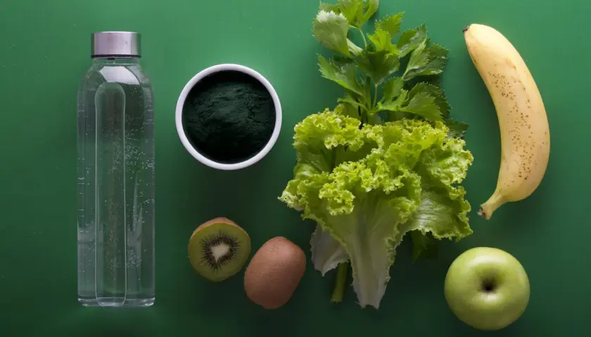 Woda, spirulina, kiwi, sałata, banan i jabłko – składniki na zdrowy koktajl, który pomoże Ci pozbyć się wody z organizmu.