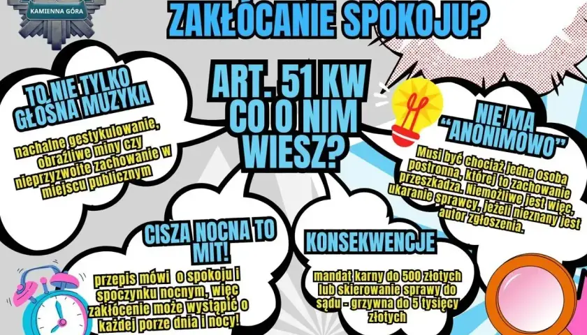 Grafika informuje o zakłócaniu spokoju, w tym o tym, że cisza nocna to mit. Wyjaśnia, że zakłócanie może wystąpić o każdej porze dnia i nocy.